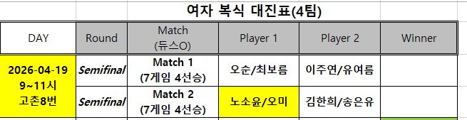 본선일정] 4/19(일) AM9~11 여복 본선 2매치 이미지 1